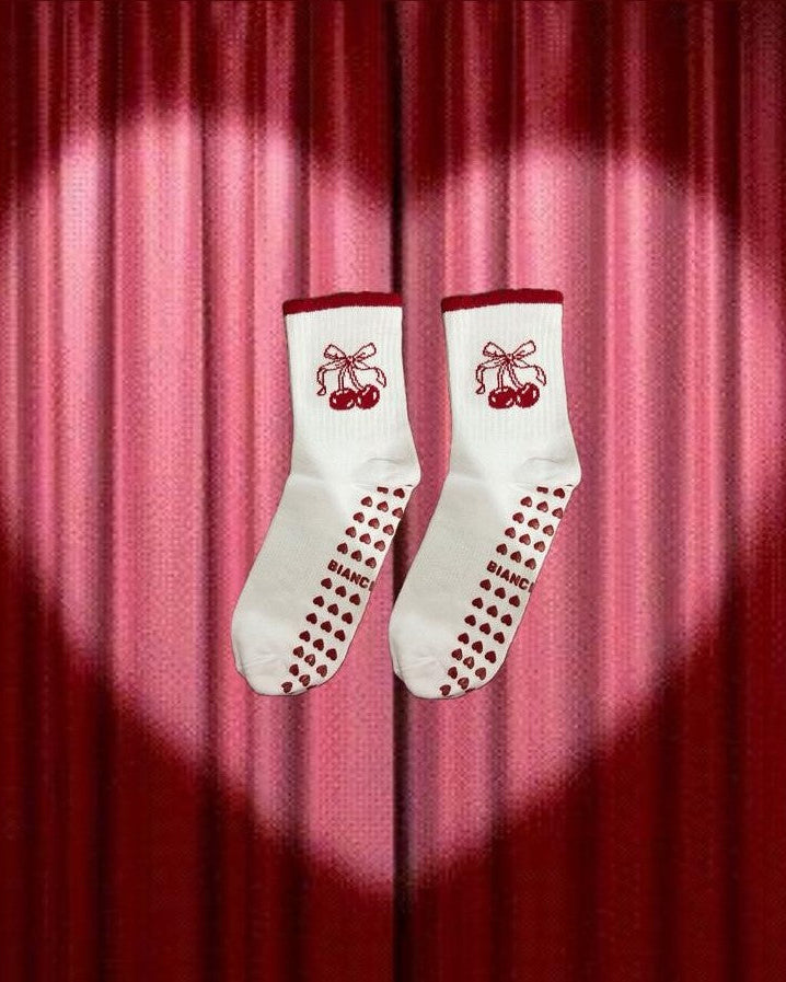 cute pilates grip socks red cherry