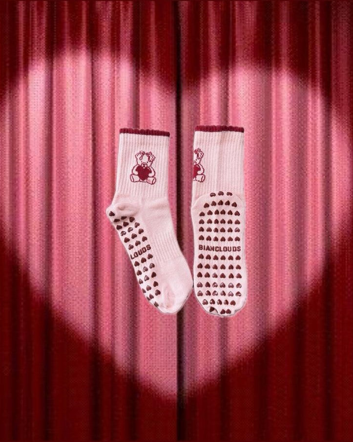 yoga pilates coquette pink red teddy heart grip socks