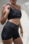 Person wearing black activewear nylon shorts and bra