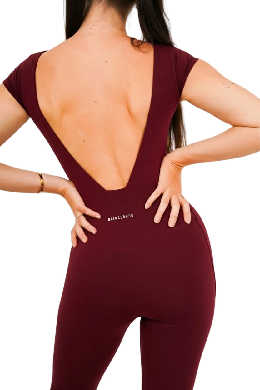 pilates Maroon jumpsuit with open back design